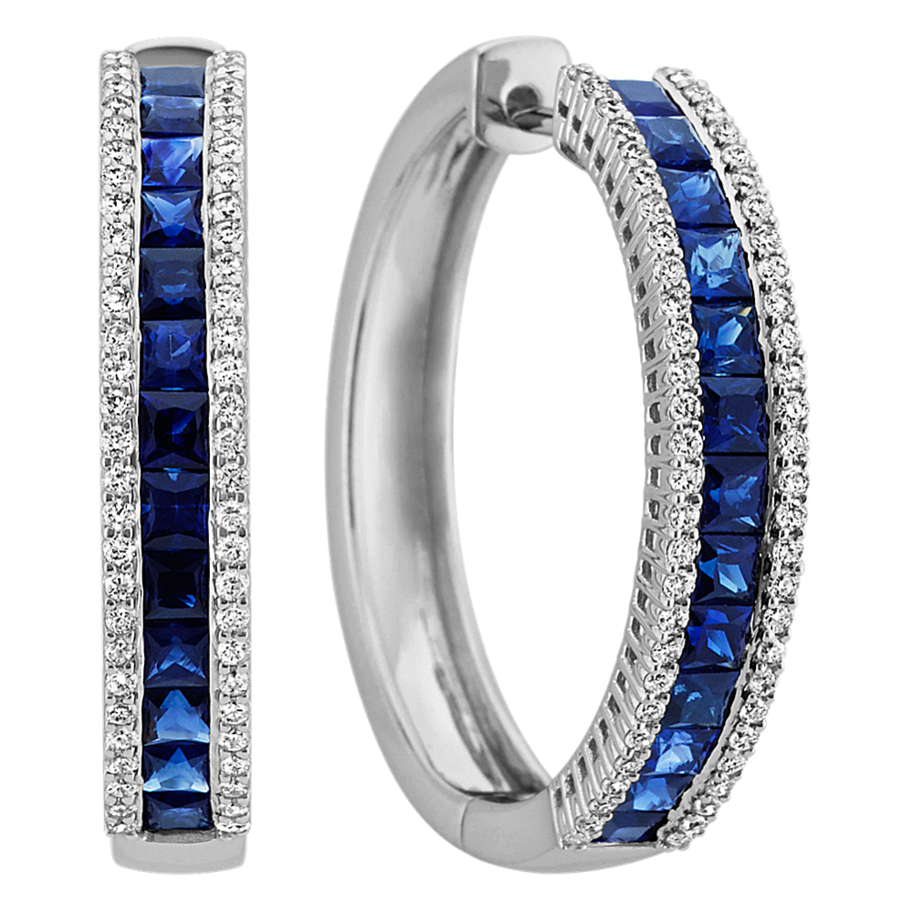 Princess Cut Sapphire and Round Diamond Hoop Earrings