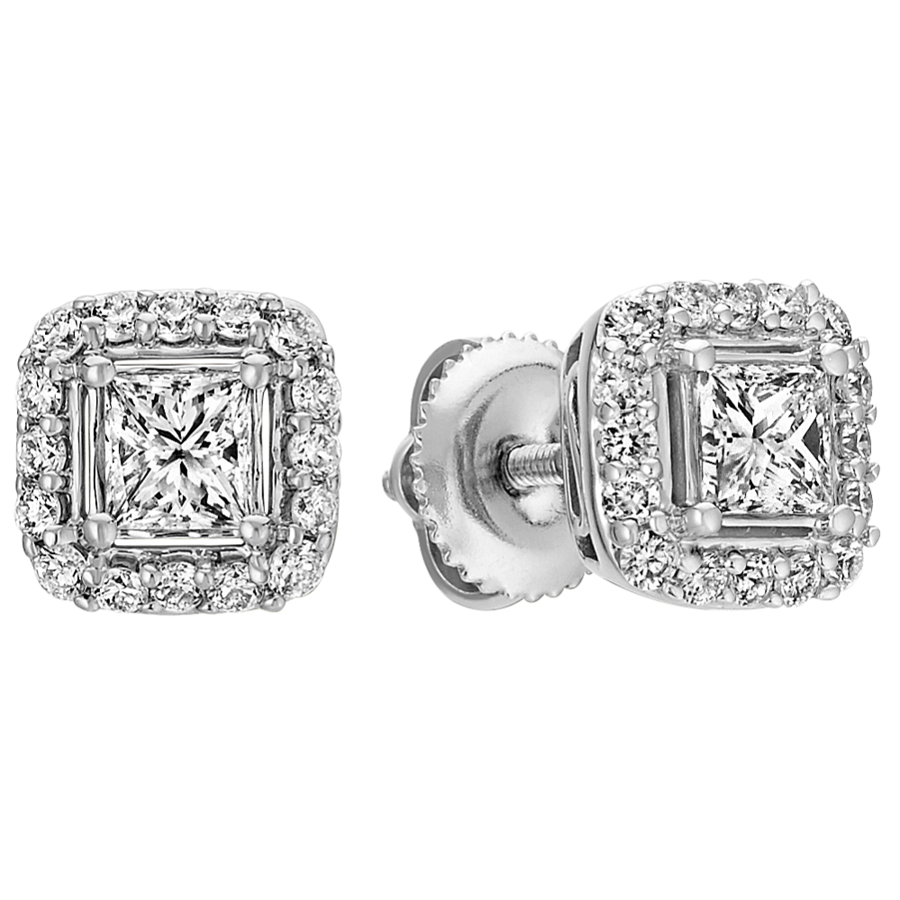 Princess Cut and Round Diamond Halo Stud Earrings
