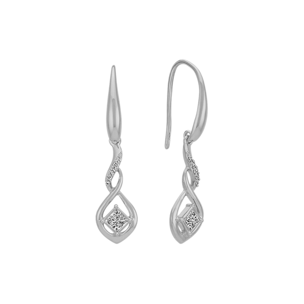 Princess Cut and Round Diamond Swirl Drop Earrings in 14k White Gold