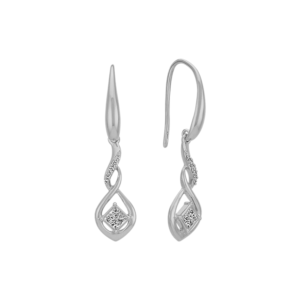 Princess Cut and Round Natural Diamond Swirl Drop Earrings in 14k White Gold