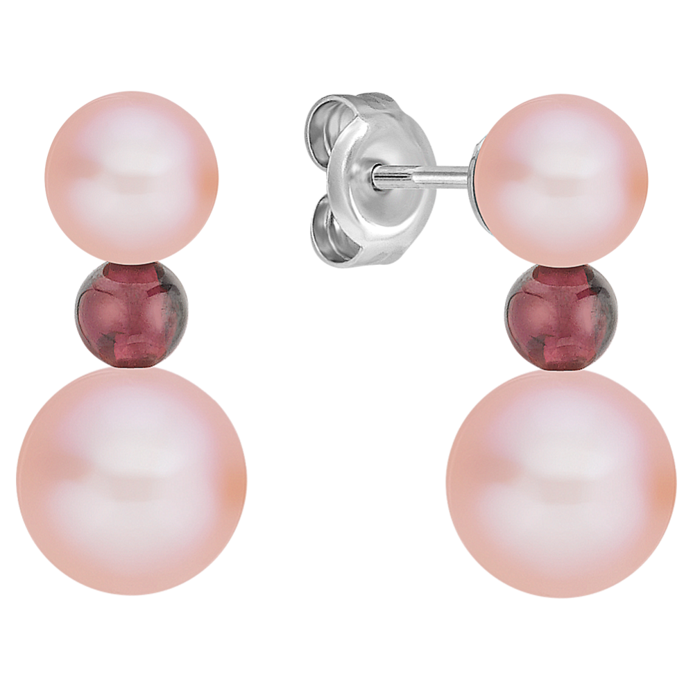 Red Velvet 5.5-8mm Pink Freshwater Cultured Pearl and Garnet Sterling Silver Earrings