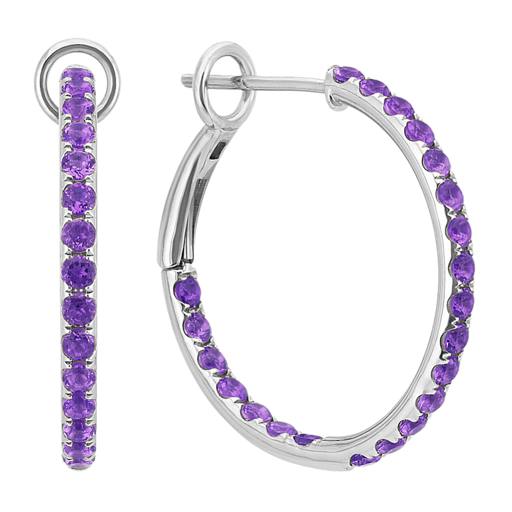 Round Amethyst Hoop Earrings in Sterling Silver