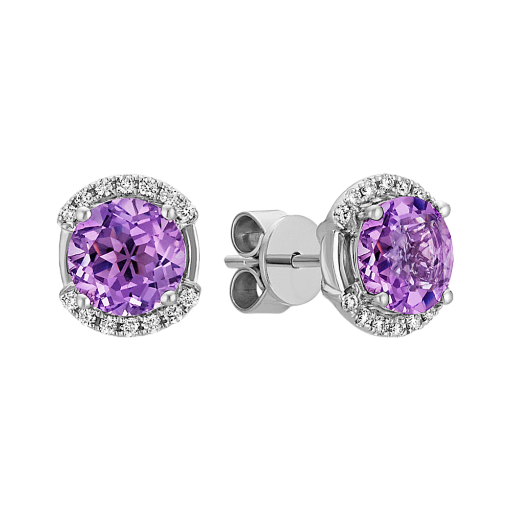 Round Amethyst and Diamond Earrings in Sterling Silver