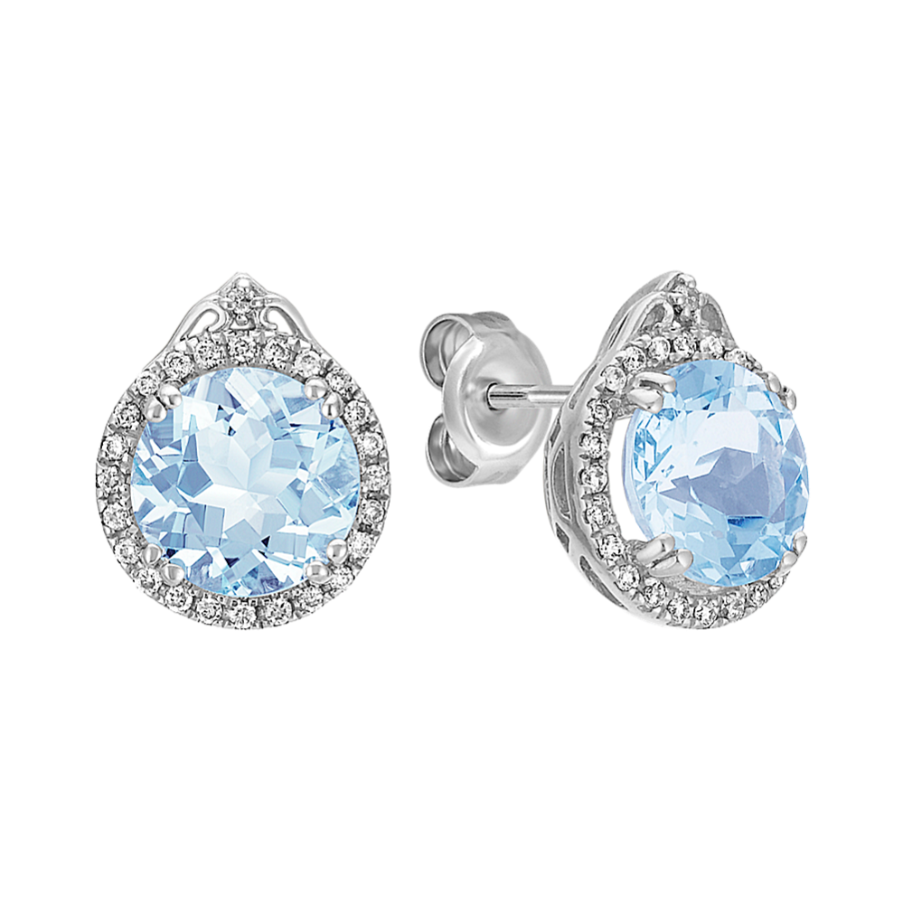 Round Aquamarine and Diamond Halo Earrings in Sterling Silver