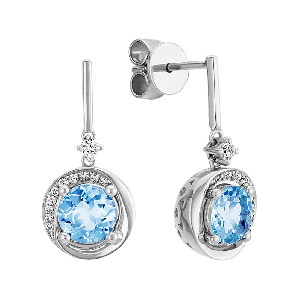 Round Aquamarine and Diamond Sterling Silver Dangle Earrings