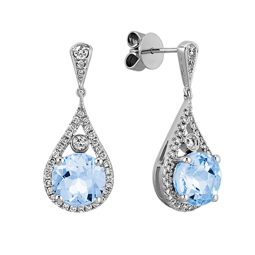 Round Aquamarine and Round Diamond Dangle Earrings
