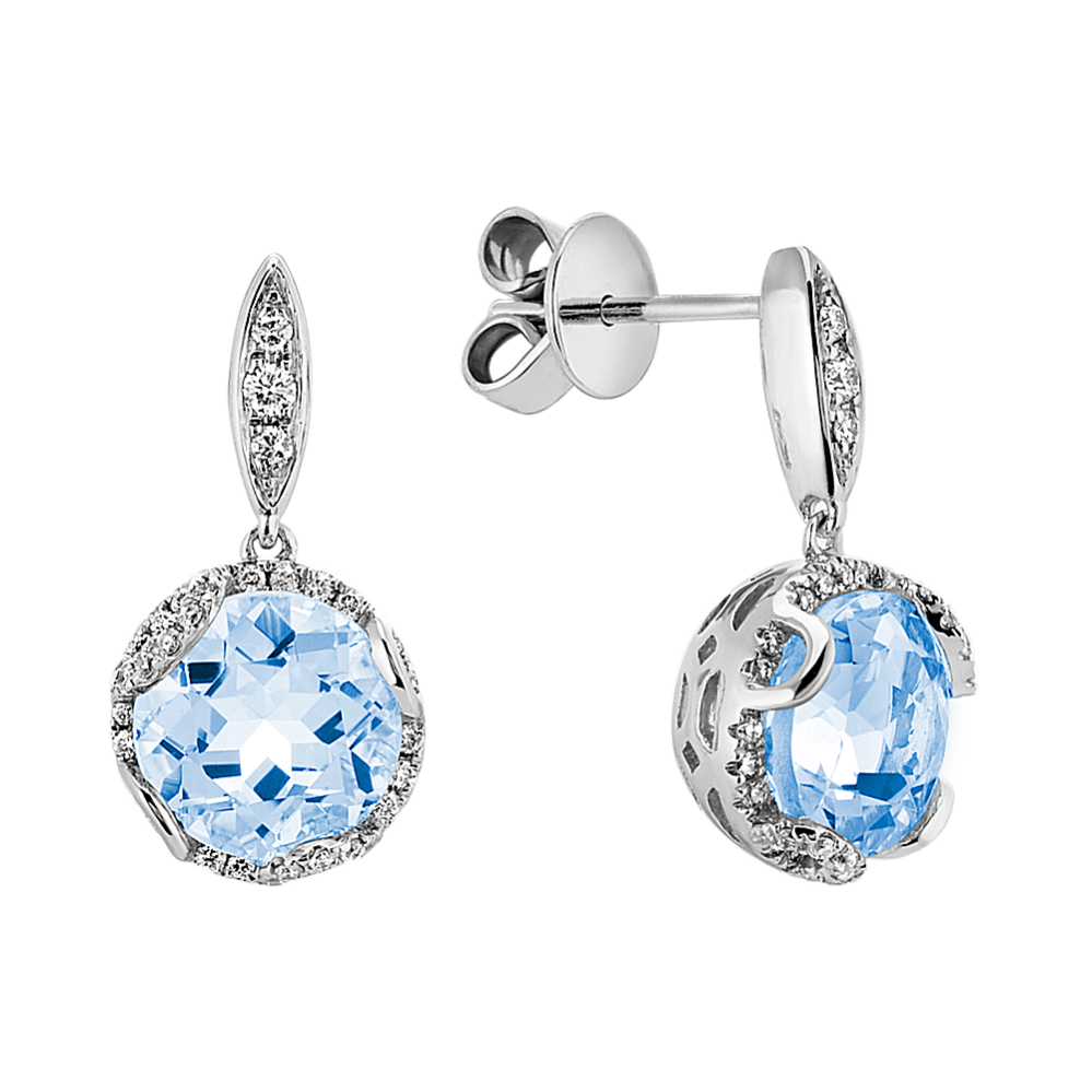 Round Aquamarine and Round Diamond Dangle Earrings