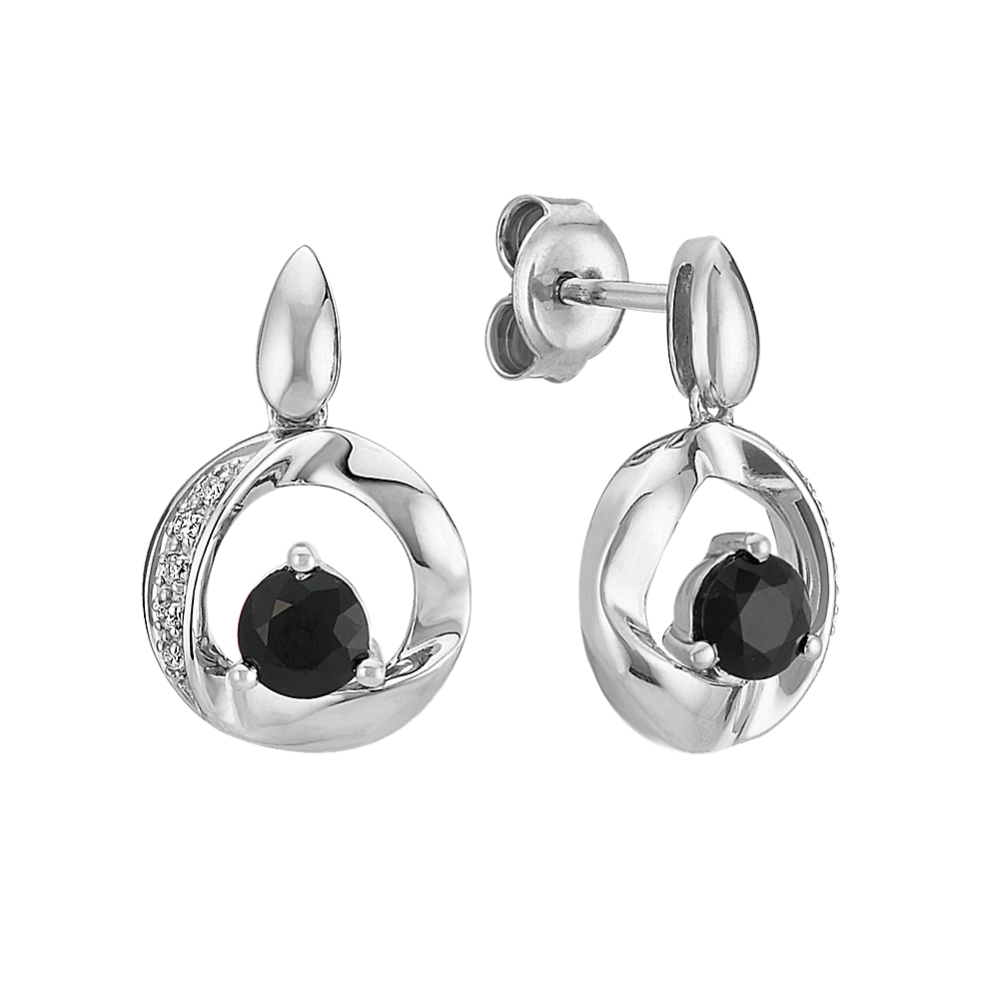 Round Black Sapphire Circle Earrings with Diamond Accent