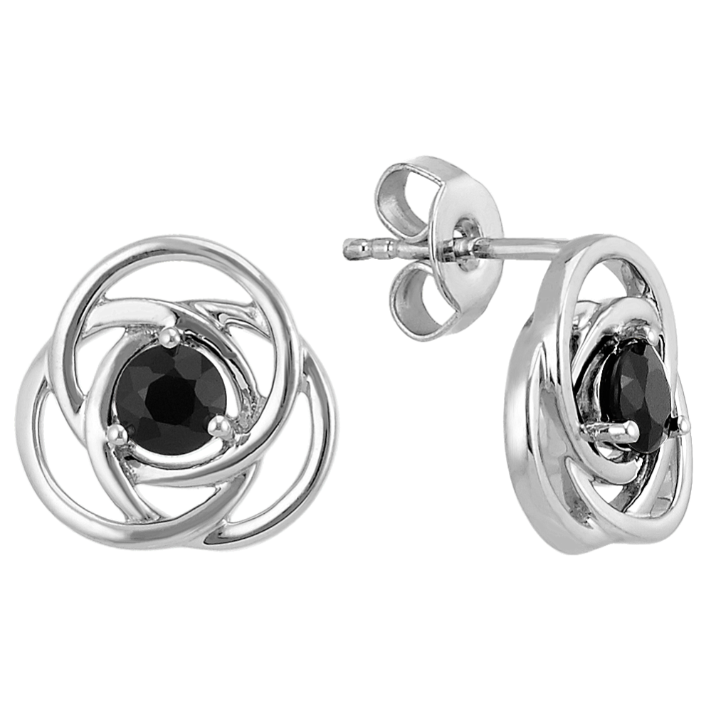 Round Black Sapphire Swirl Knot Sterling Silver Earrings