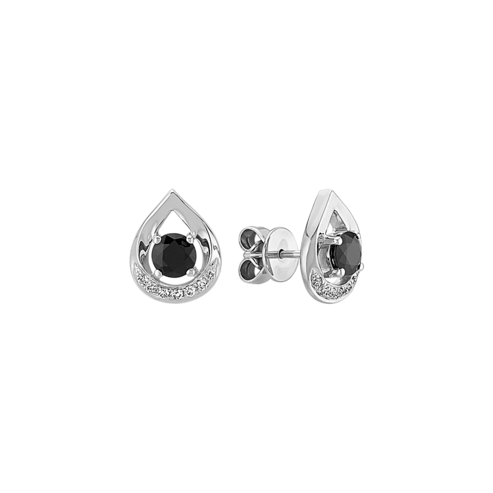 Round Black Sapphire and Round Diamond Teardrop Earrings