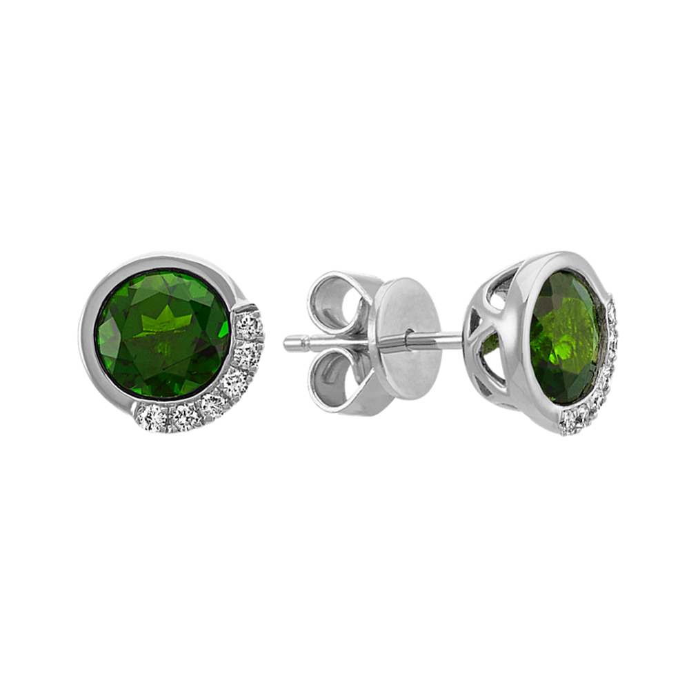 Round ChromeDiopside and Diamond Earrings in Sterling Silver
