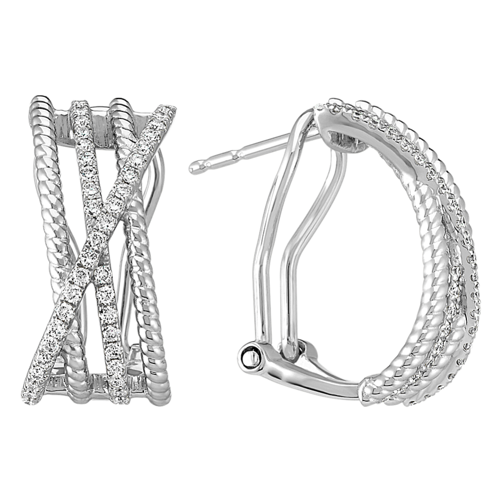 Round Diamond Fashion Earrings with Rope Texture in 14k White Gold