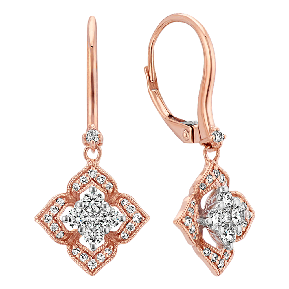 Round Diamond Floral Dangle Earrings in 14k Rose Gold