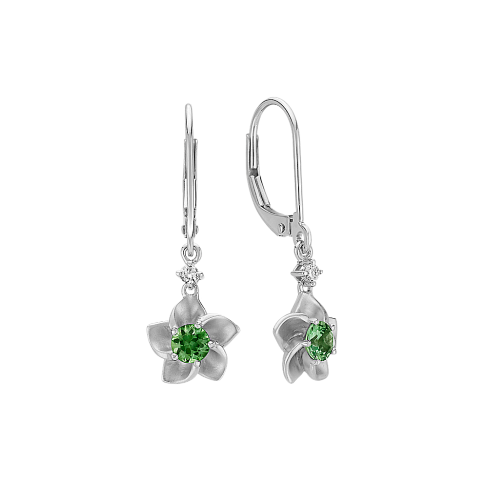 Round Green Sapphire and Round Diamond Flower Leverback Earrings