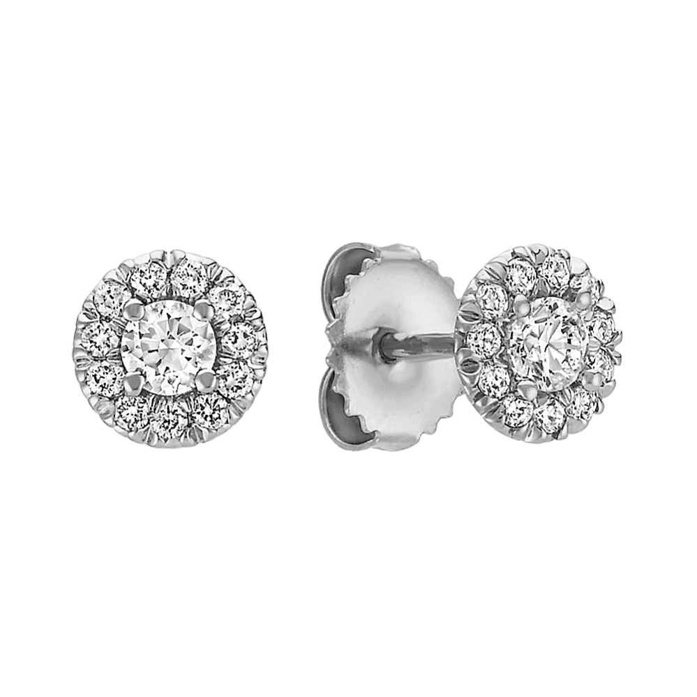 Round Halo Diamond Earrings in 14k White Gold