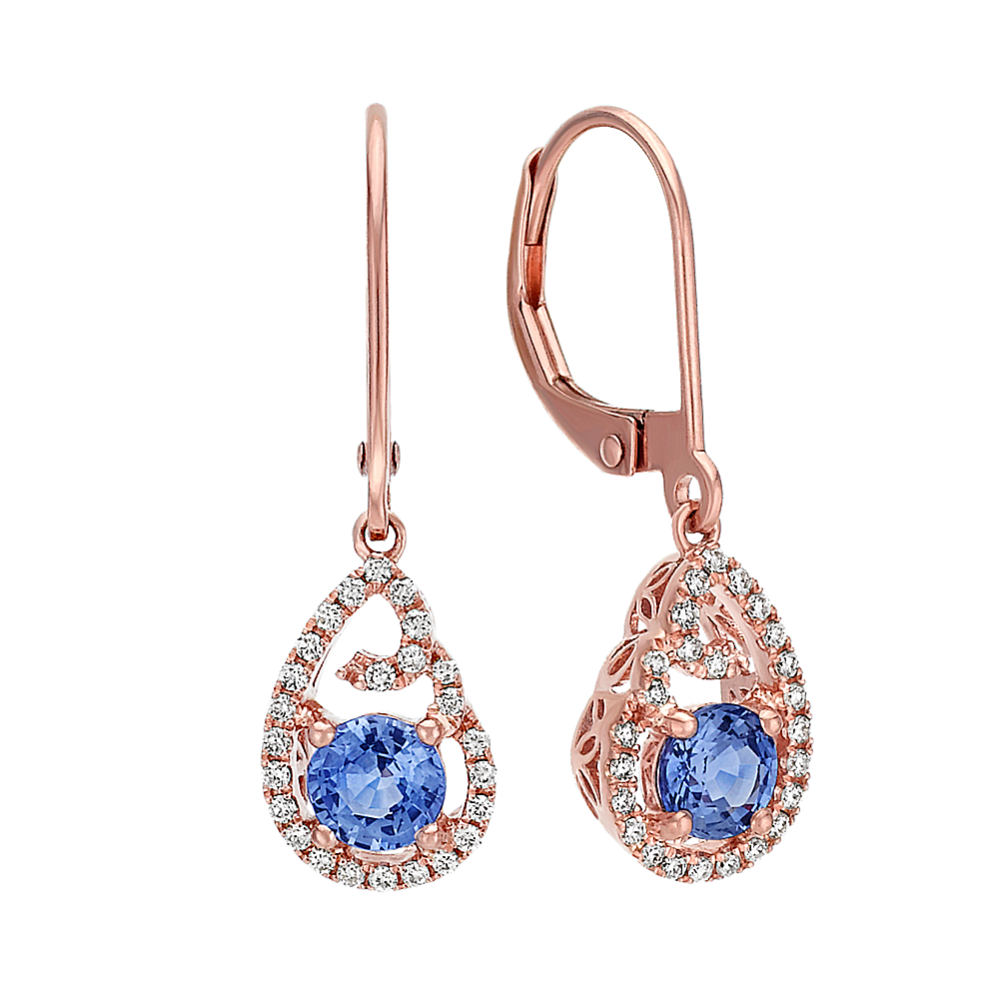 Round Kentucky Blue and Diamond Earrings in 14k Rose Gold