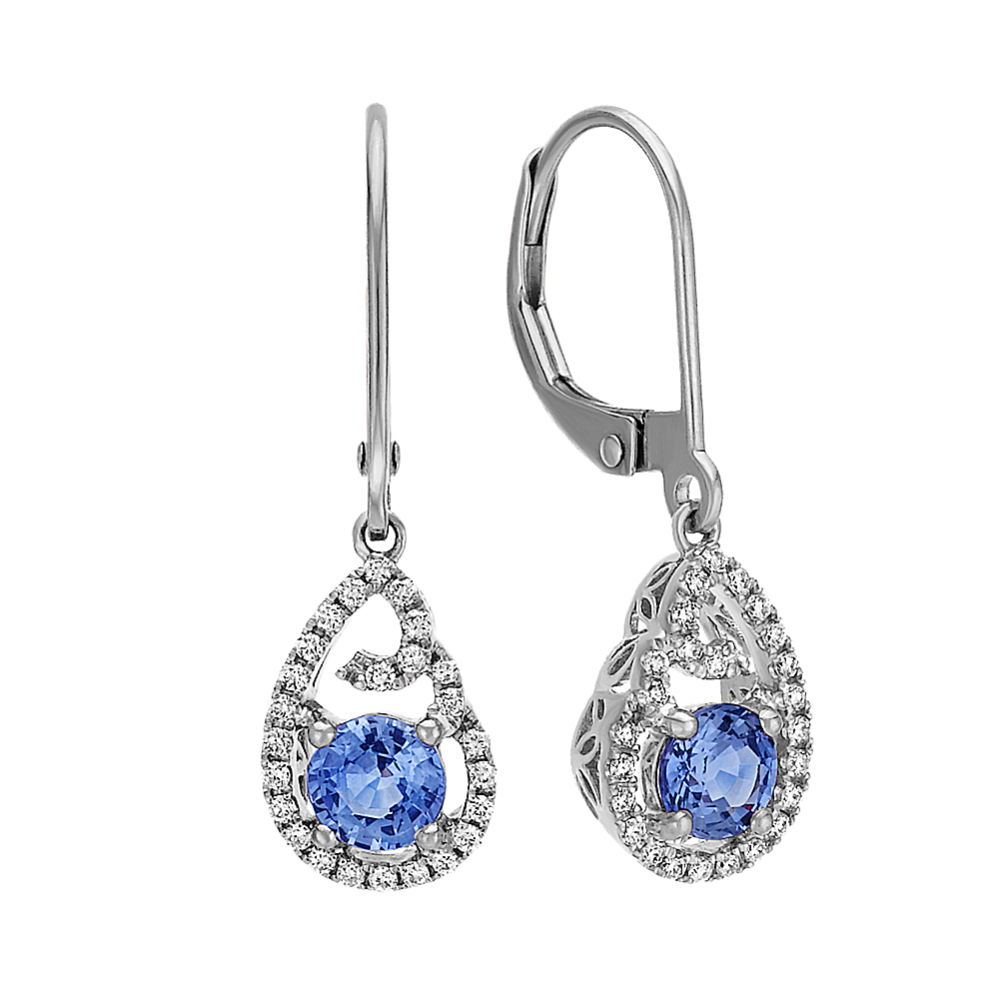 Round Kentucky Blue and Diamond Earrings in 14k White Gold