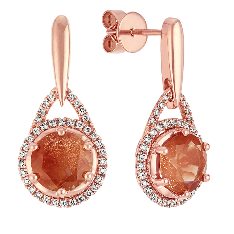 Round Oregon Sunstone and Round Diamond 14k Rose Gold Dangle Earrings