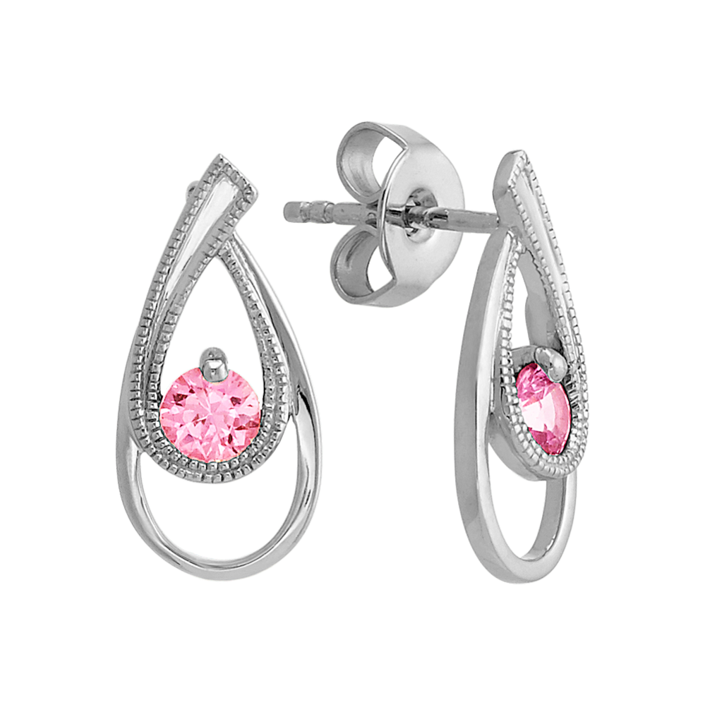 Round Pink Sapphire Sterling Silver Drop Earrings with Milgrain