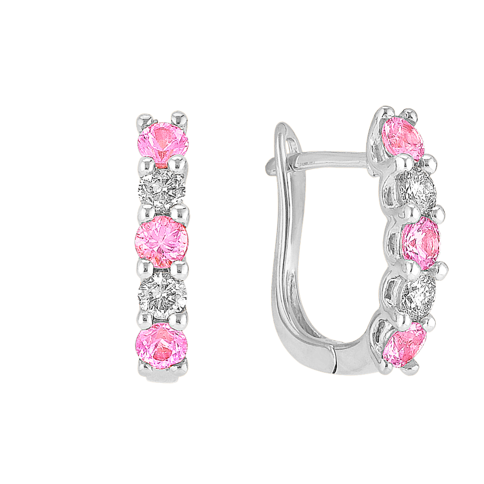 Round Pink Sapphire and Diamond Hoop Earrings