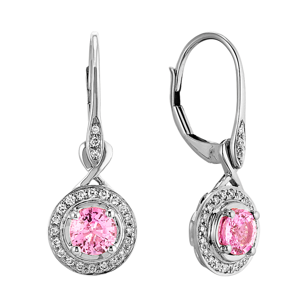 Round Pink Sapphire and Round Diamond Dangle Earrings