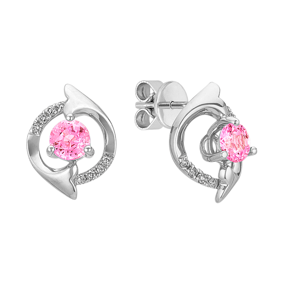 Round Pink Sapphire and Round Diamond Earrings