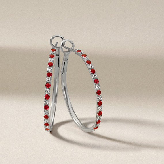 Round Ruby Hoop Earrings in 14k White Gold | Shane Co.