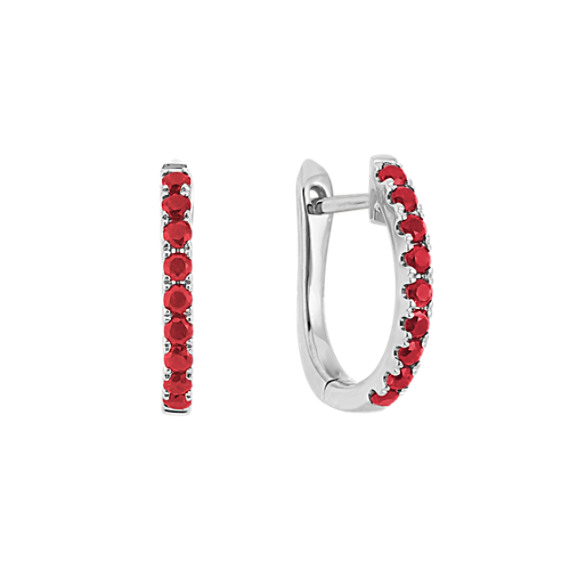 Round Ruby Hoop Earrings in 14k White Gold