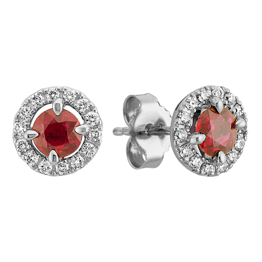Round Ruby and Diamond Earrings in 14k White Gold
