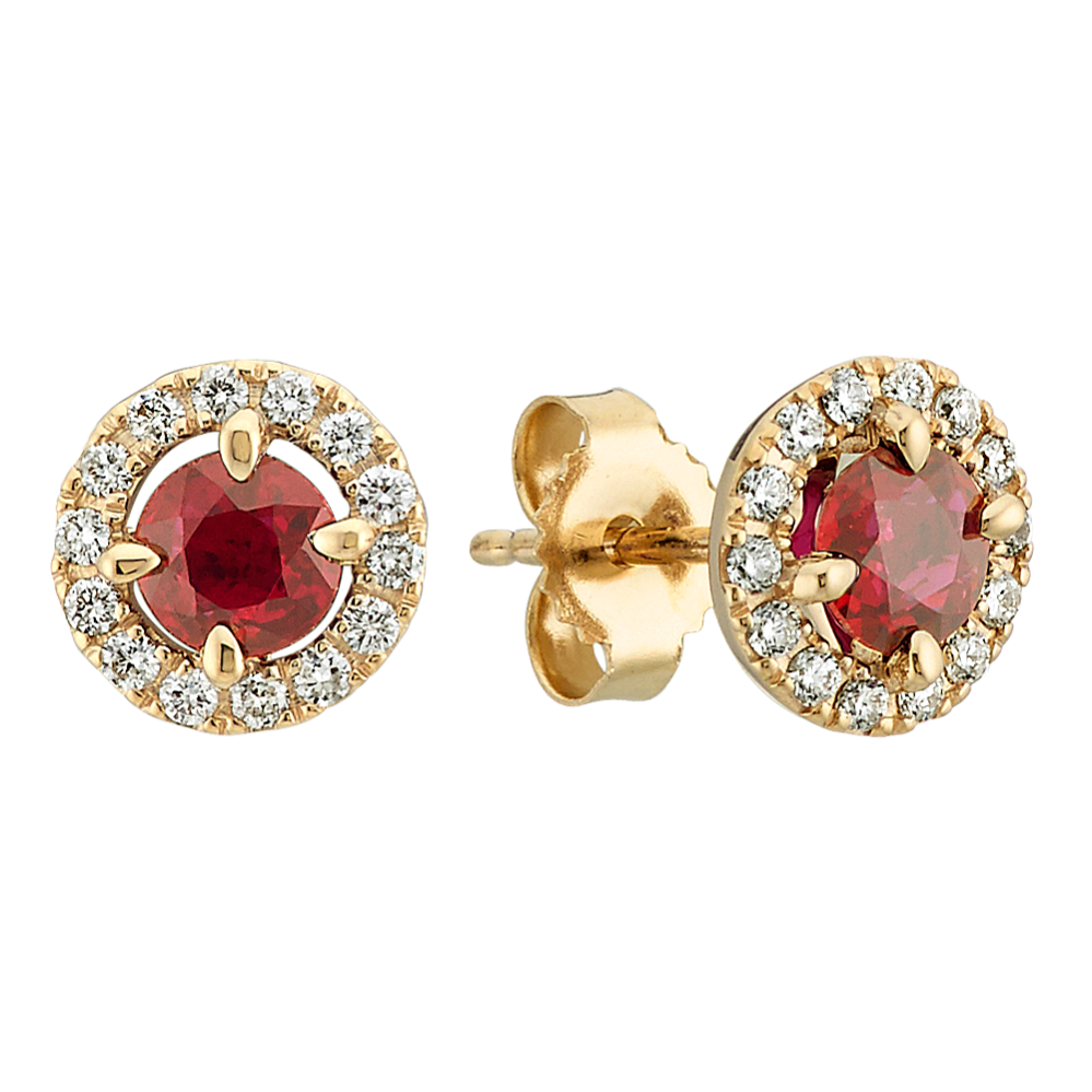 Round Ruby and Diamond Earrings in 14k Yellow Gold