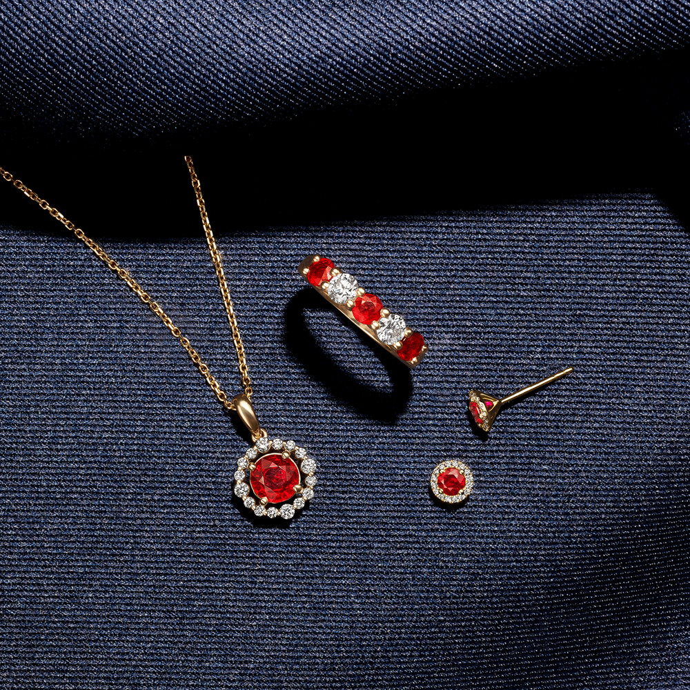 Round Ruby and Diamond Earrings in 14k Yellow Gold