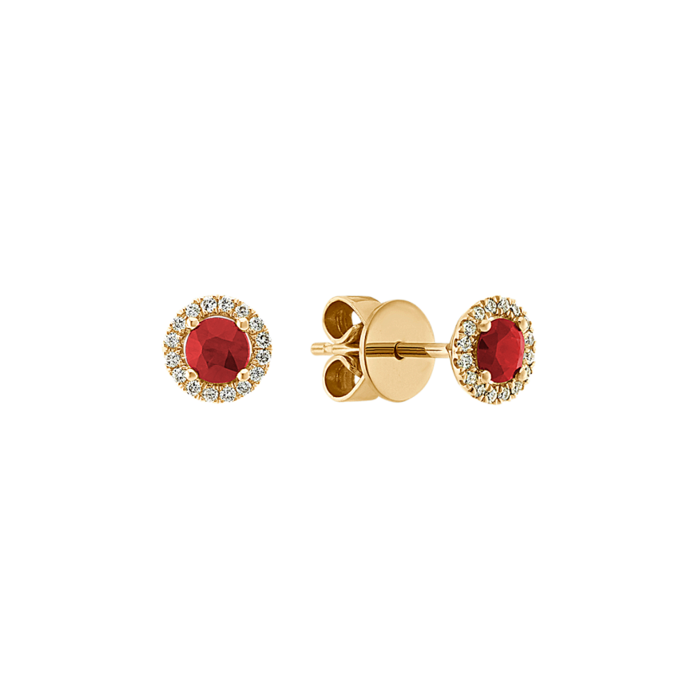 Round Natural Ruby and Natural Diamond Earrings in 14k Yellow Gold