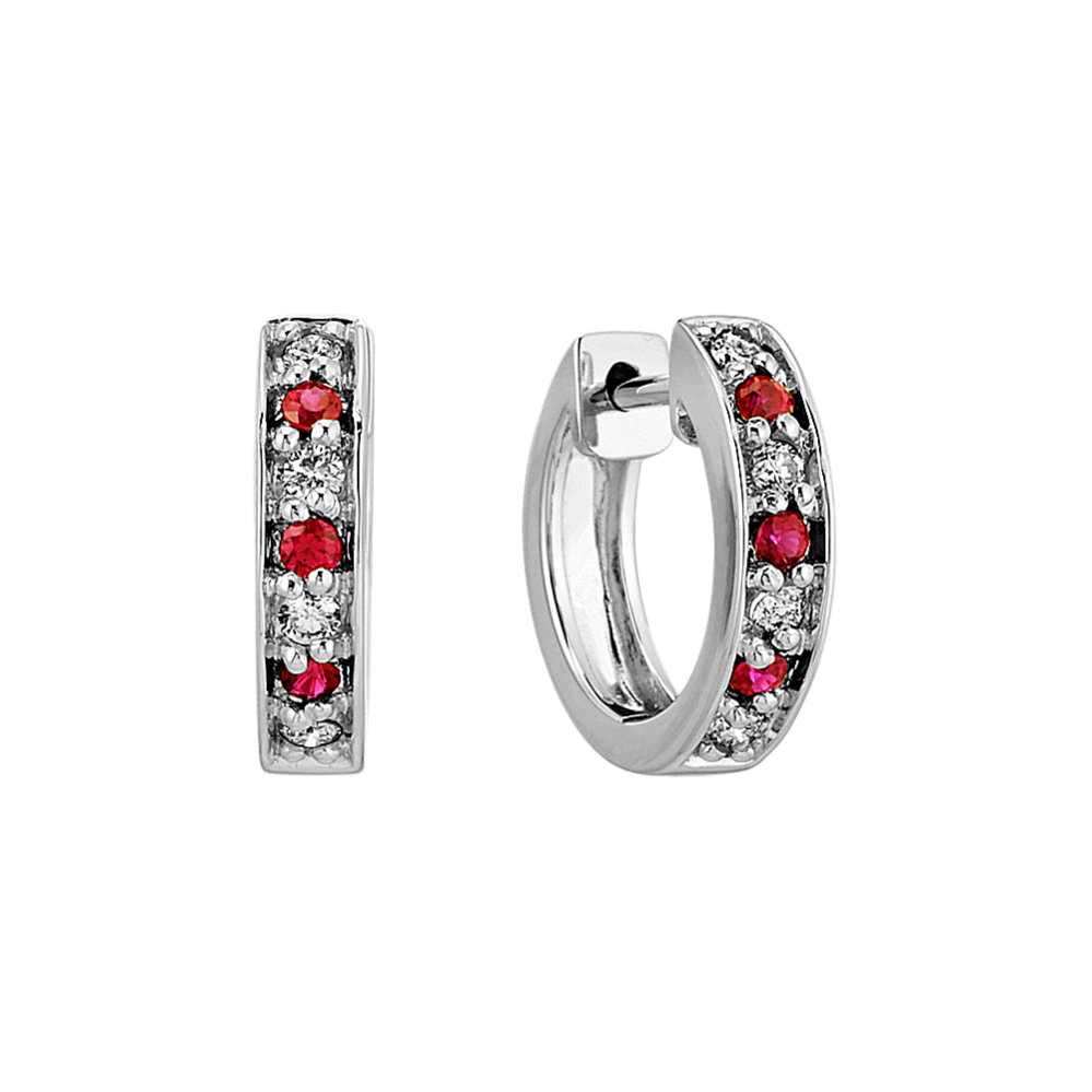 Round Ruby and Diamond Hoop Earrings