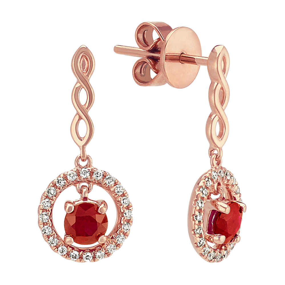 Round Ruby and Round Diamond Halo Earrings in 14k Rose Gold