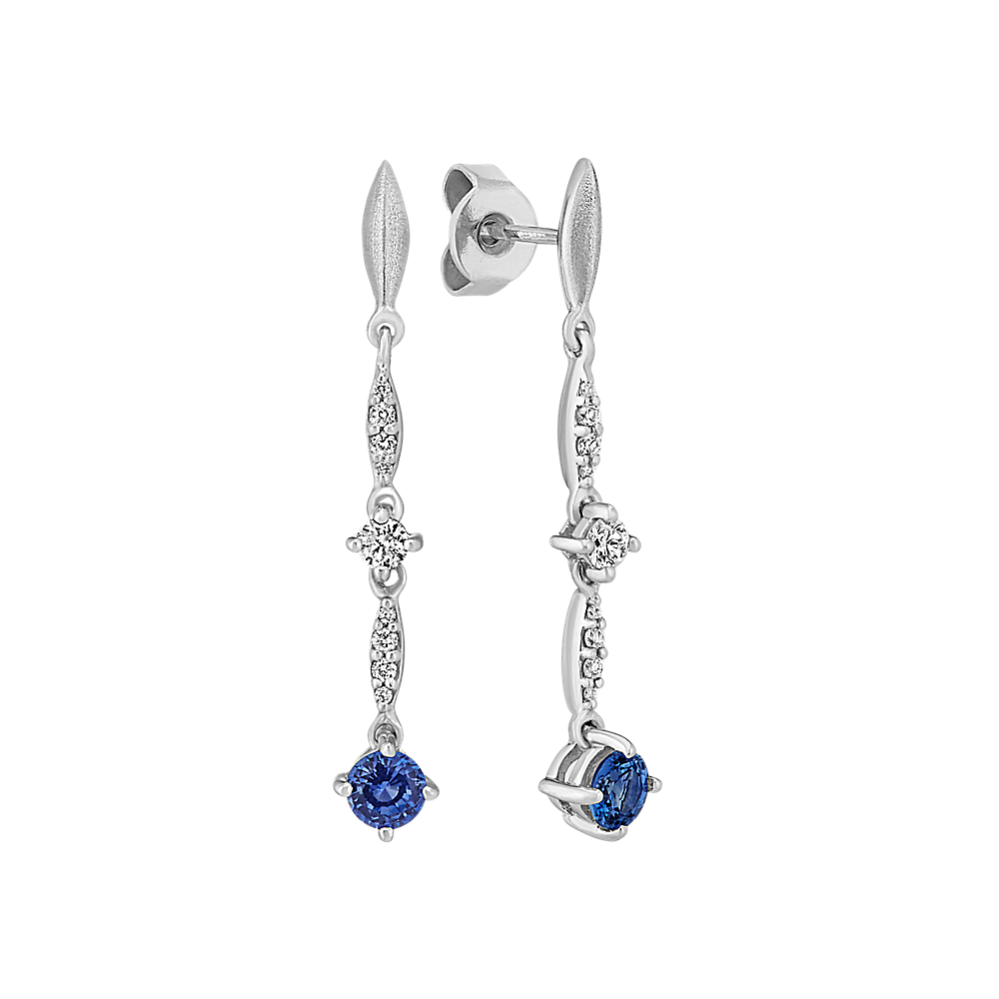 Round Traditional Sapphire and Round Diamond Dangle Earrings