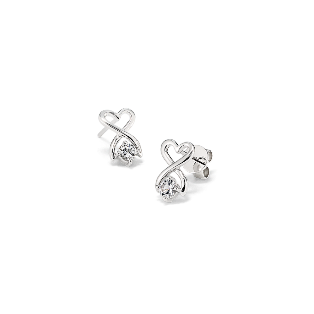 Round White Sapphire and Sterling Silver Heart Earrings