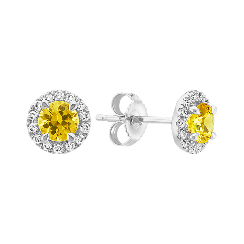 Round Yellow Sapphire and Diamond Halo Earrings in 14k White Gold