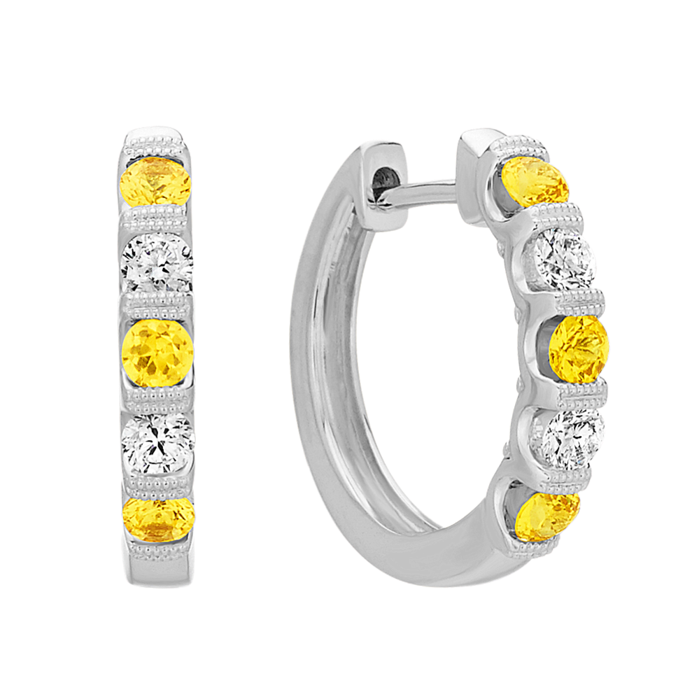 Round Yellow Sapphire and Round Diamond Hoop Earrings in 14k White Gold