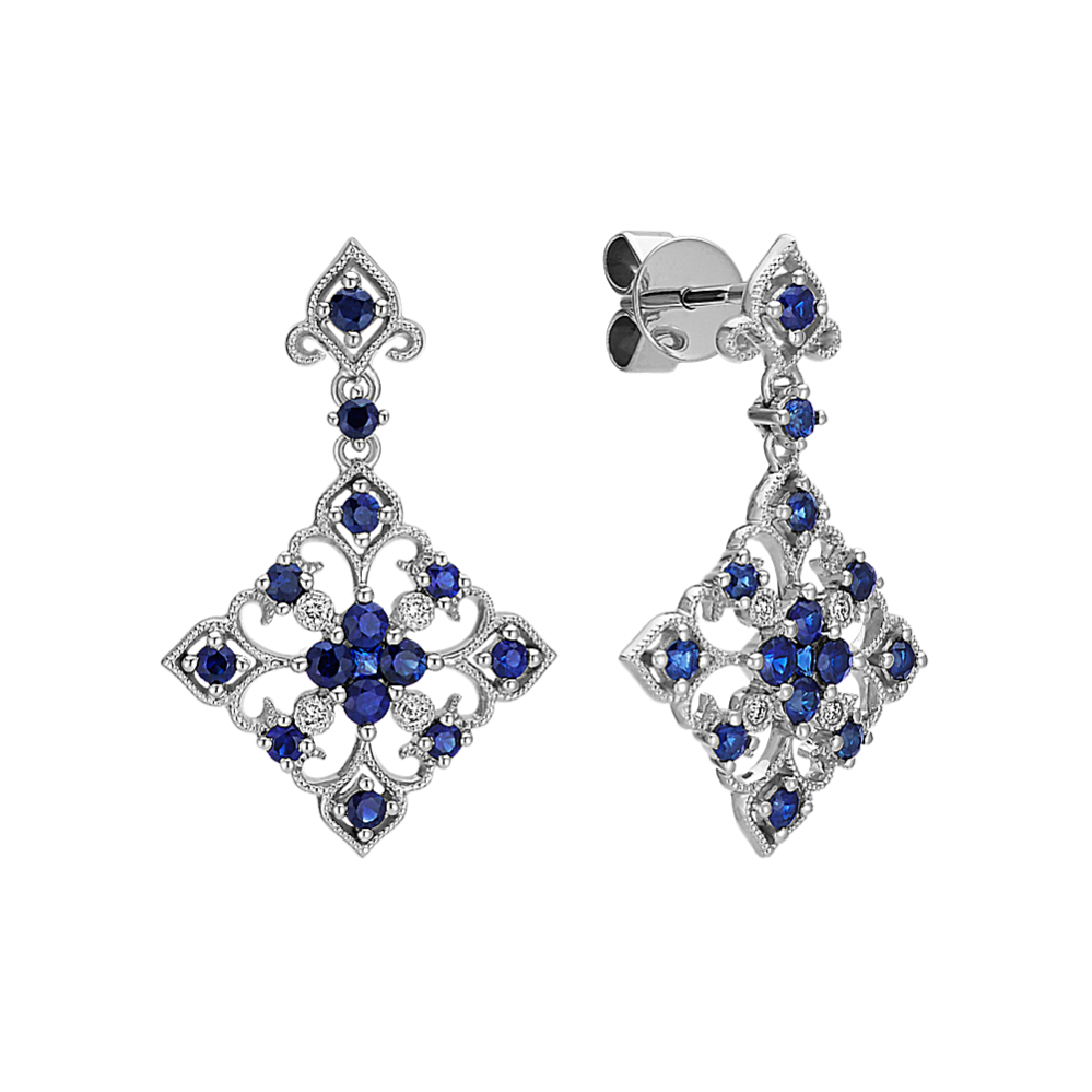 Round and Princess Cut Traditional Sapphire and Round Diamond Earrings