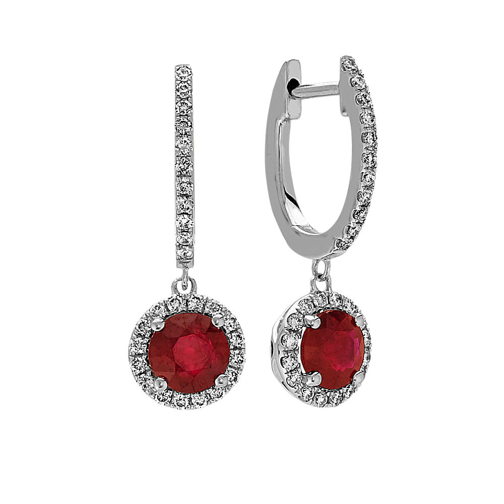 Ruby and Diamond Dangle Earrings in 14k White Gold