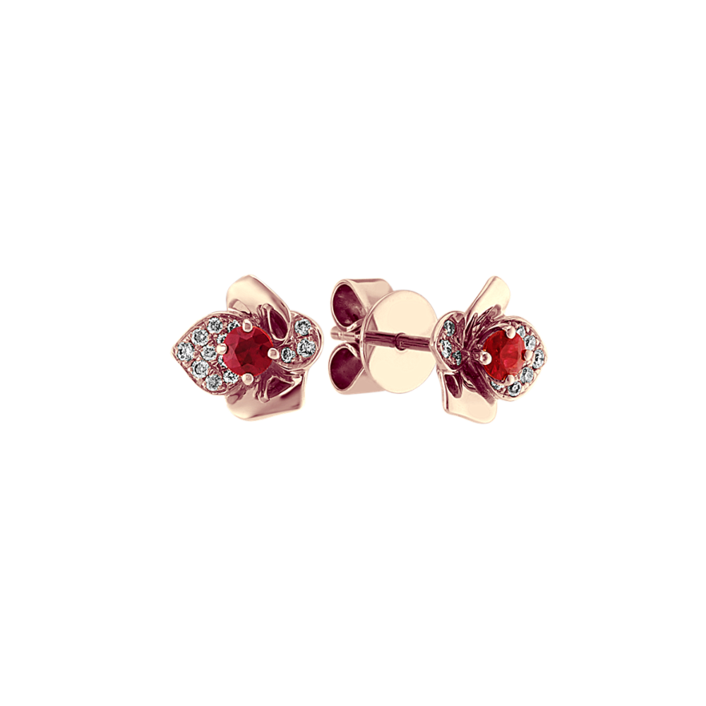 Ruby and Diamond Flower Earrings in 14k Rose Gold