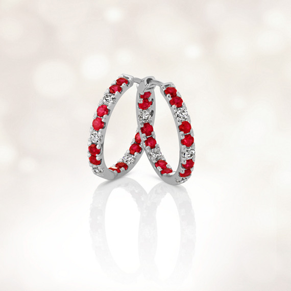 Ruby and Diamond Hoop Earrings in 14k White Gold | Shane Co.