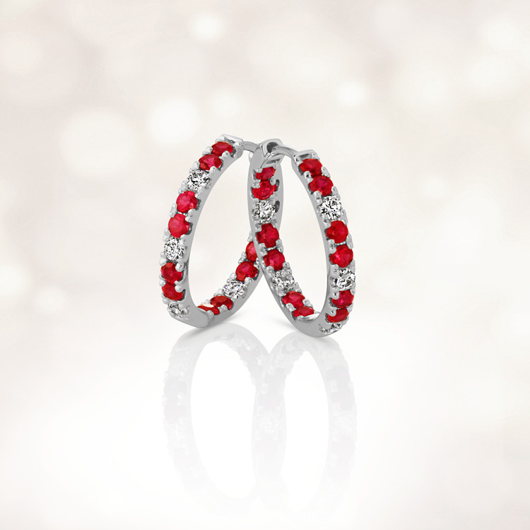 Natural Ruby and Natural Diamond Hoop Earrings in 14k White Gold