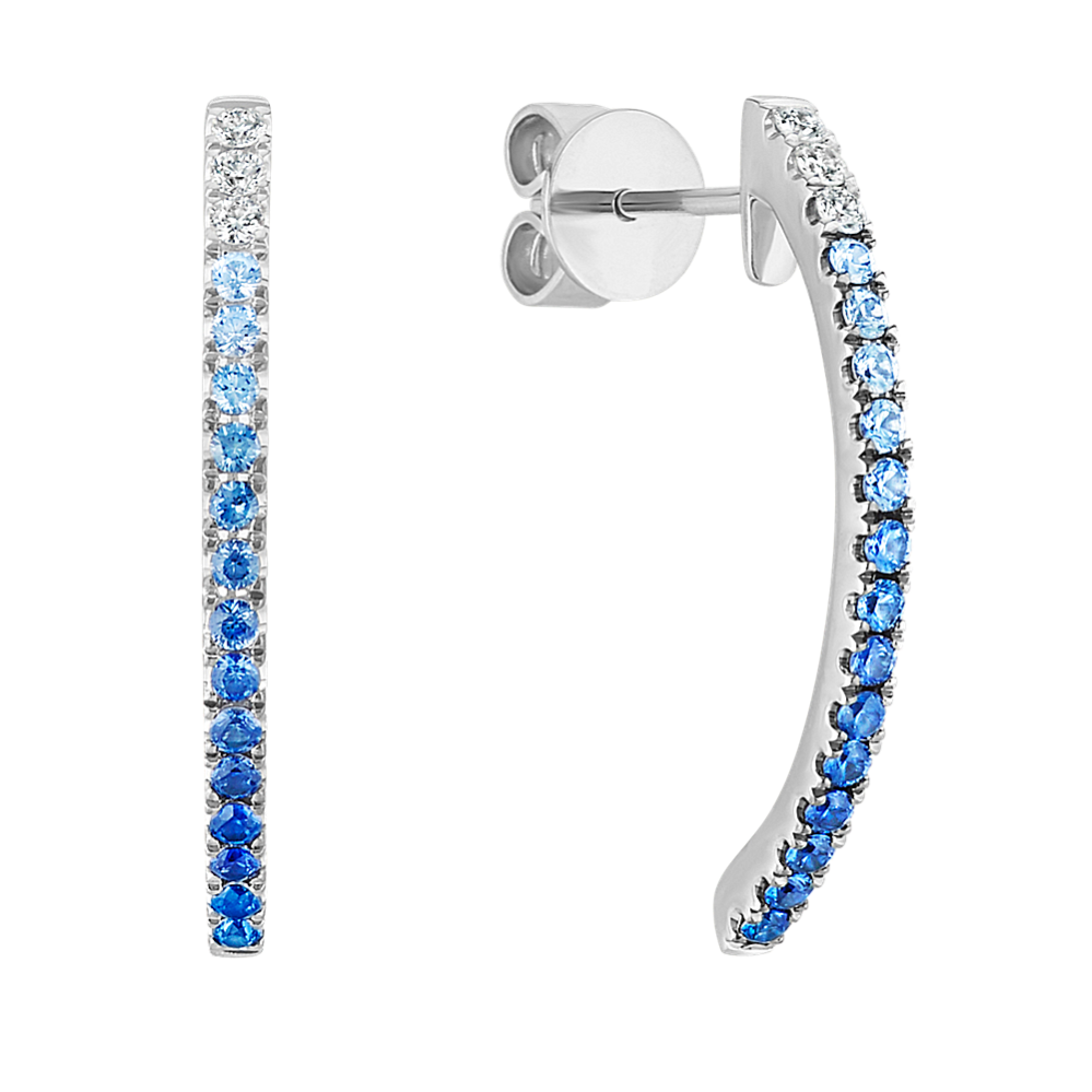 Sapphire and Diamond Curved Bar Earrings in 14k White Gold
