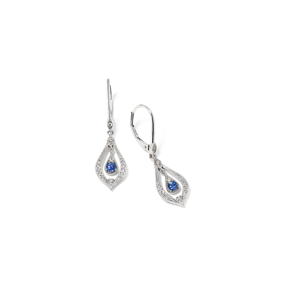 Natural Sapphire and Natural Diamond Vintage Dangle Earrings in 14k White Gold
