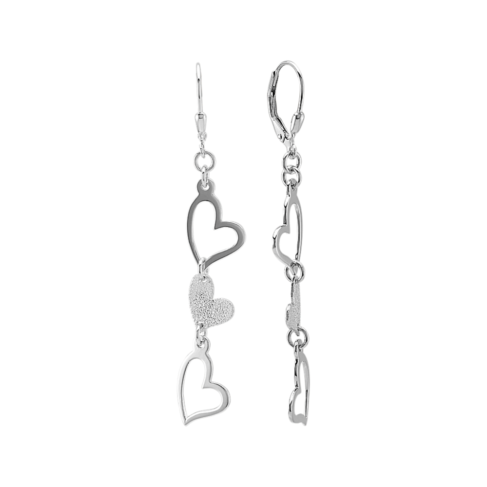 Sterling Silver Heart Dangle Earrings with Stardust and Polished Finishes