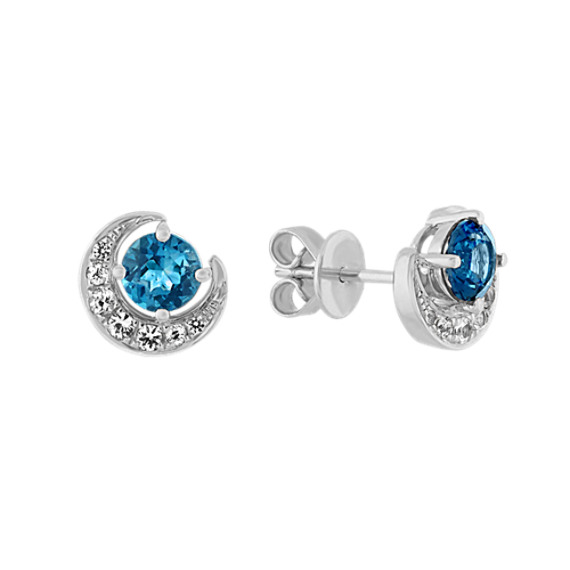 Topaz and Sapphire Crescent Moon Earrings in Sterling Silver