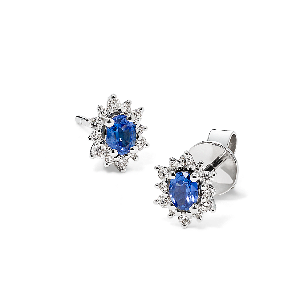 Traditional Blue Sapphire and Diamond Earrings in 14k White Gold