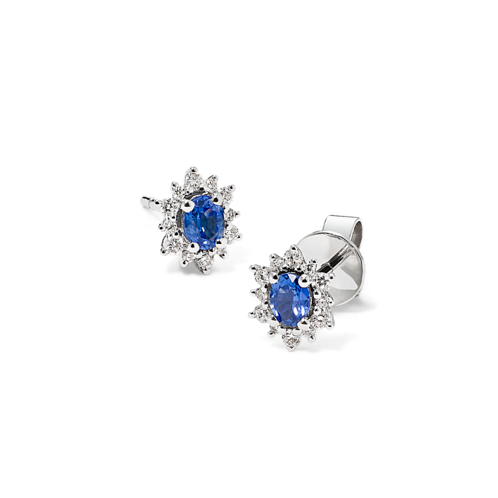 Traditional Blue Natural Sapphire and Natural Diamond Earrings in 14k White Gold
