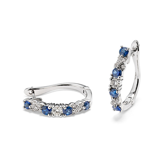 Traditional Blue Sapphire and Diamond Hoop Earrings in 14k White Gold ...